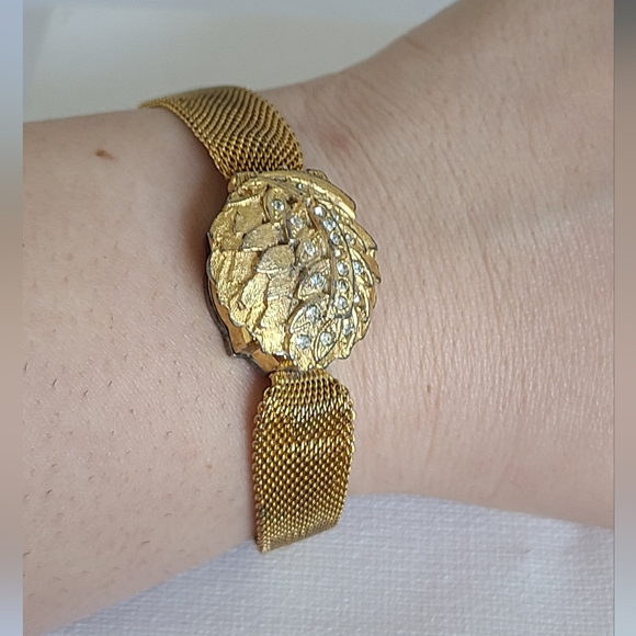 Vintage Lausanne 17 Jewels Gold Crystal Leaf Square Face Wind Up Watch Bracelet - Picture 8 of 11